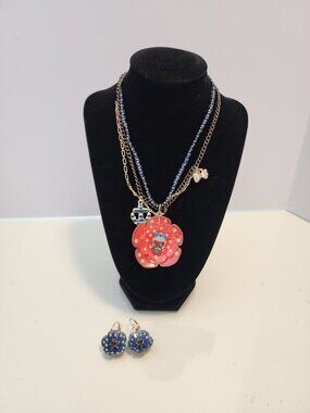 Betsey Johnson Yacht Club Red Flower with Skull Necklace and Earrings